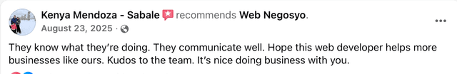 Facebook review from Kenya Mendoza recommending WebNegosyo